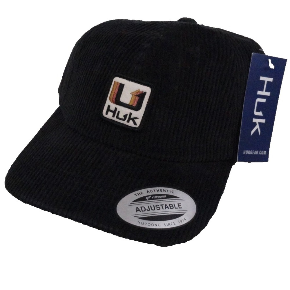 HUK Hat Cap Black Full Cord Corduroy Adjustable Strap Fishing Dad Patch Logo NWT
